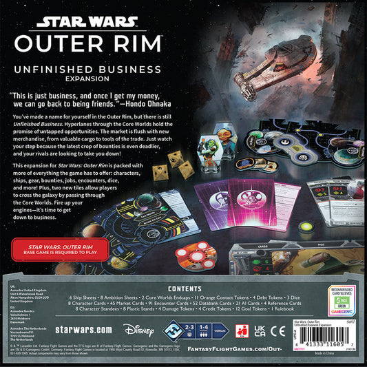 Back cover of Star Wars Outer Rim game expansion packaging with game pieces and text.