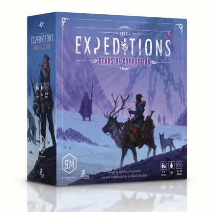 Board game box titled 'Expeditions: Gears of Corruption' with a snowy landscape and characters on a white background.