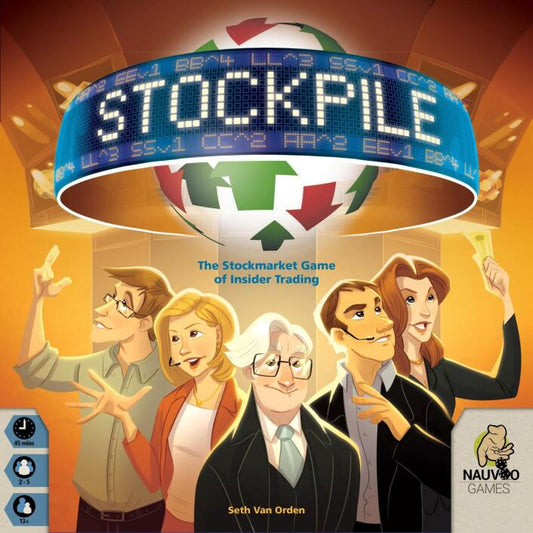 Board game box for 'Stockpile' with illustrated characters and colorful design.