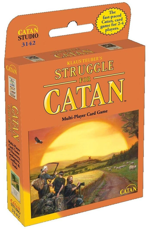 Card game box for 'Struggle for Catan' by Klaus Teuber with orange and yellow design.