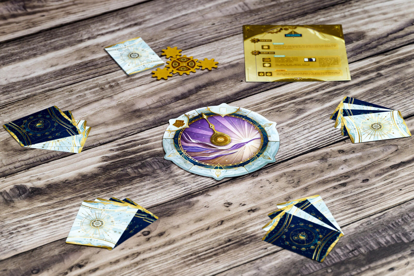 Take Time board game with Decorative cards with gold and purple designs on a wooden surface