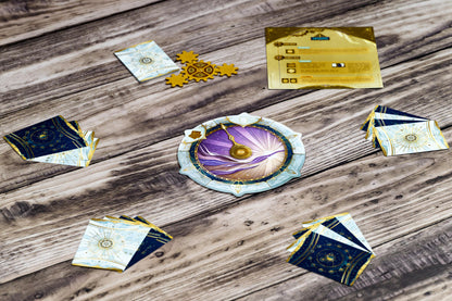 Take Time board game with Decorative cards with gold and purple designs on a wooden surface