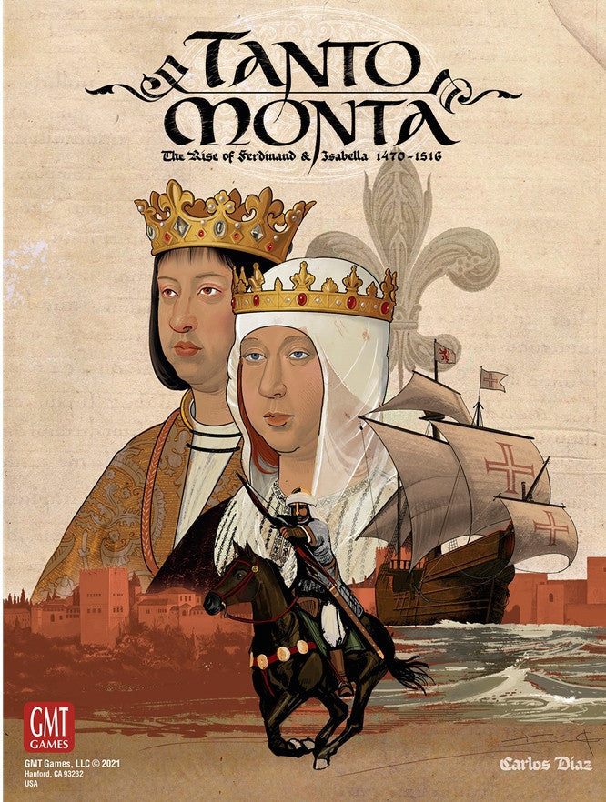 Cover of 'Tanto Monta' game featuring a couple with a ship and cityscape.