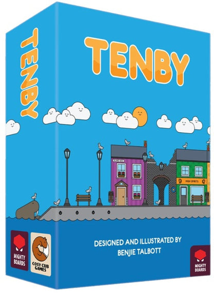 Board game box titled 'Tenby' with cartoon-style illustration of a town on a blue background.