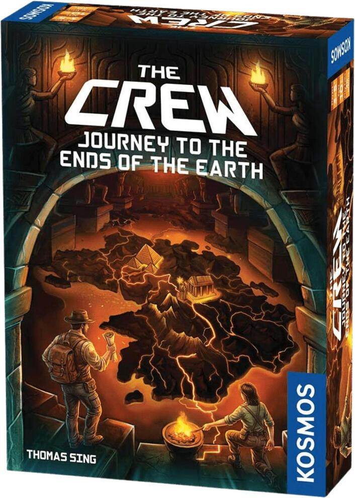 Board game box titled 'The Crew: Journey to the Ends of the Earth' by Kosmos with a map and explorer illustration.