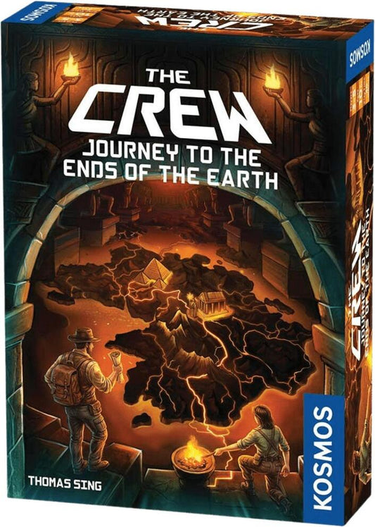 Board game box titled 'The Crew: Journey to the Ends of the Earth' by Kosmos with a map and explorer illustration.