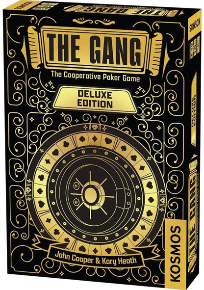 The Gang Deluxe Edition cooperative poker game box by Kosmos, featuring a black and gold design with ornate decorative borders and a large circular emblem on the front.