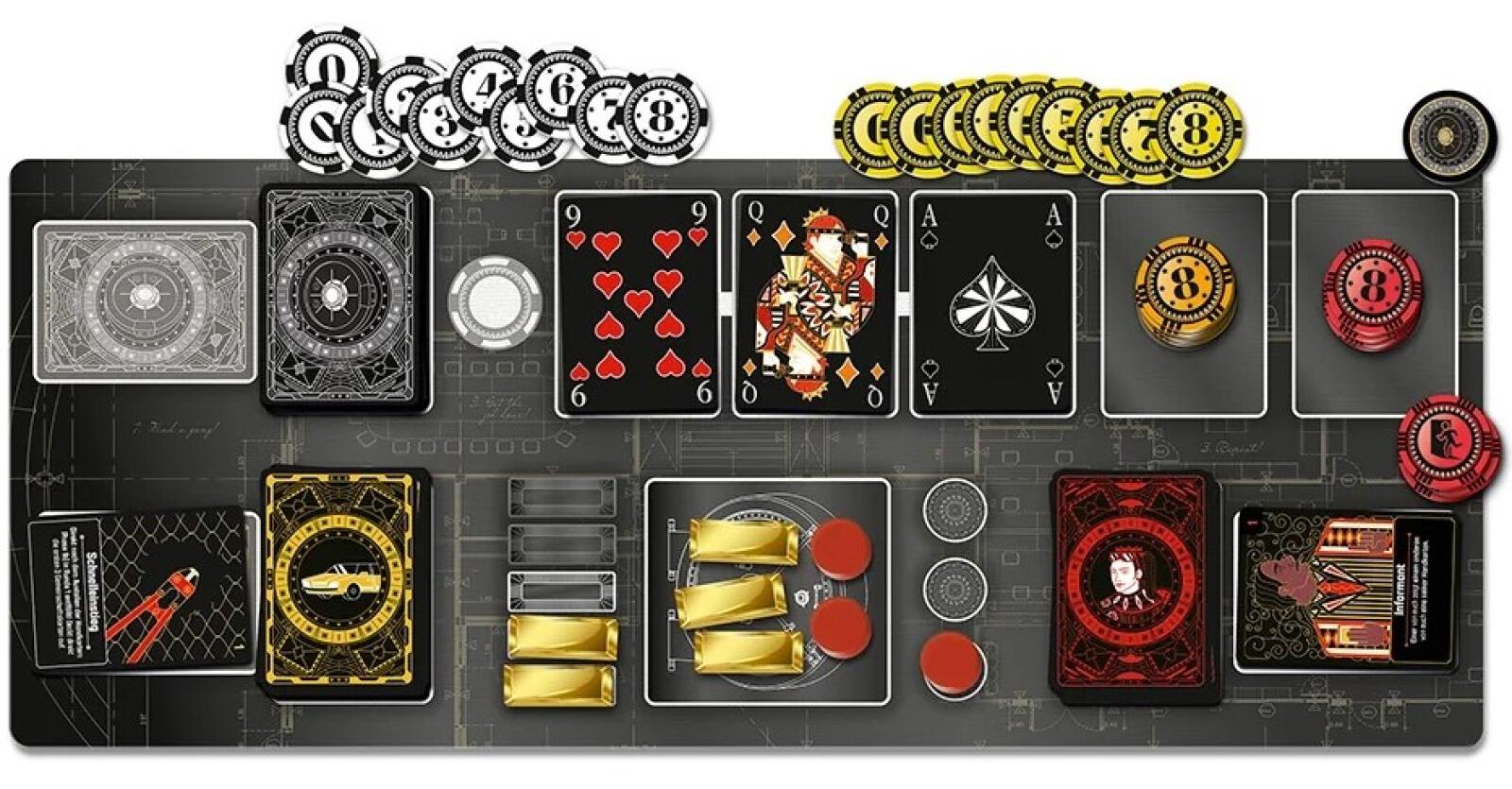 A top-down view of a card game board setup with multiple cards, chips, and game pieces arranged on a dark rectangular board. Visible elements include black and red playing cards, gold and red tokens, and stacks of circular chips in black, white, and gold.