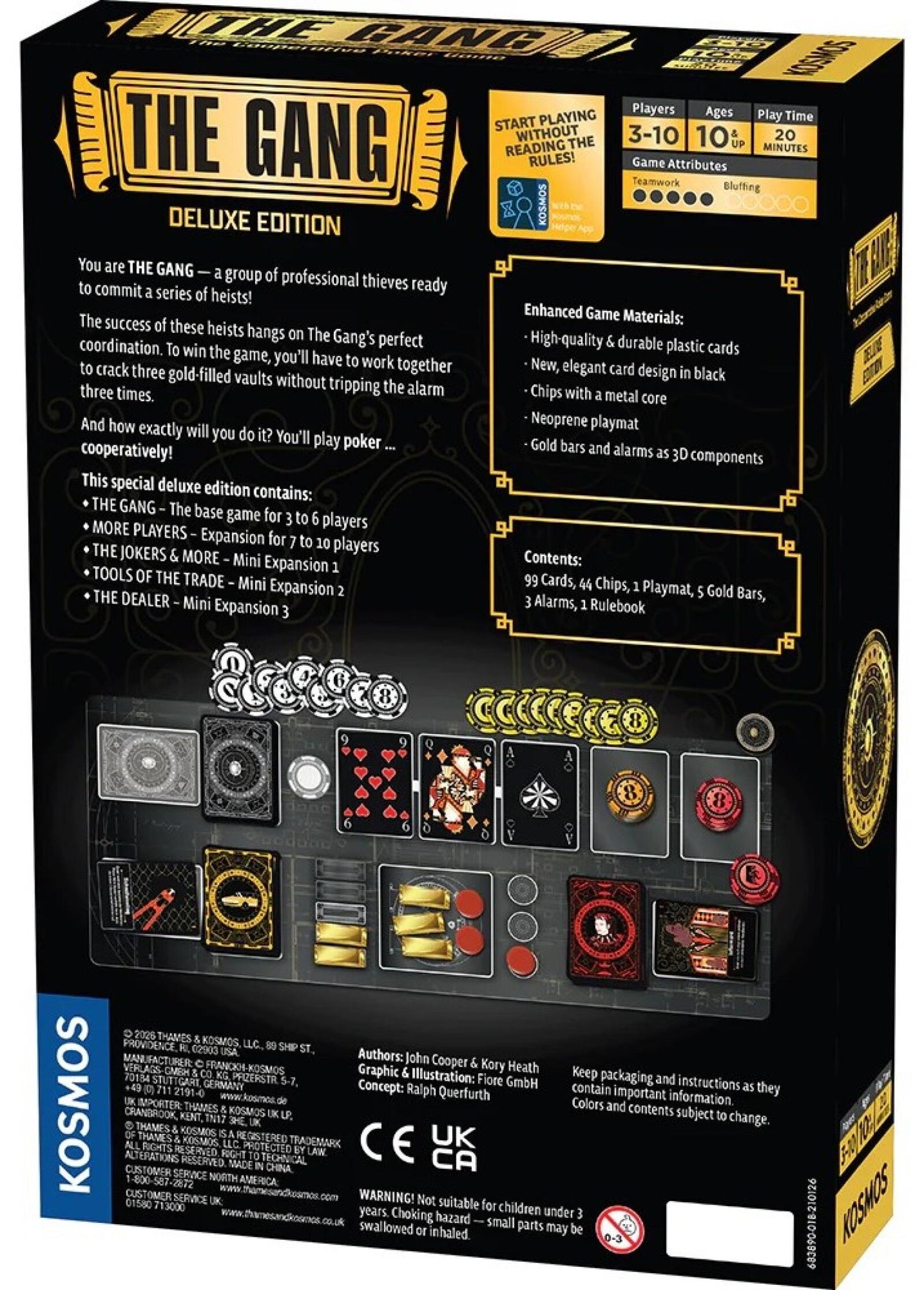 The Gang Deluxe Edition card game box by Kosmos, showing the back of the packaging with product details, contents, and rules text on a black background with gold and white graphics.