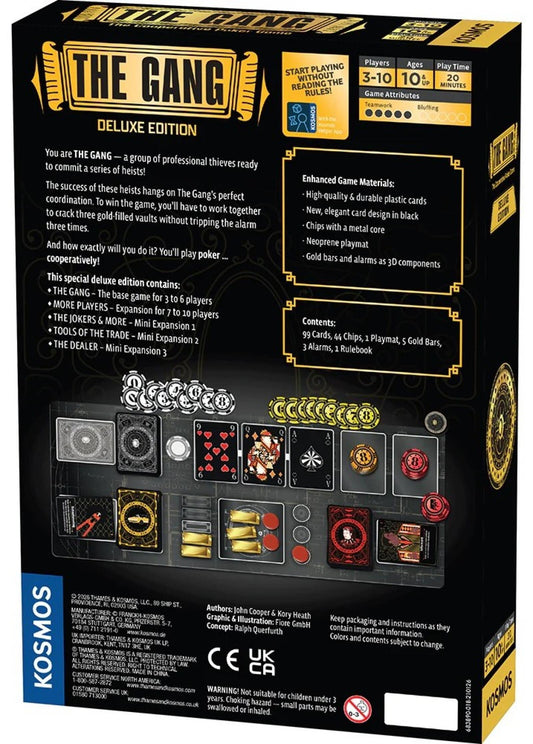The Gang Deluxe Edition card game box by Kosmos, showing the back of the packaging with product details, contents, and rules text on a black background with gold and white graphics.