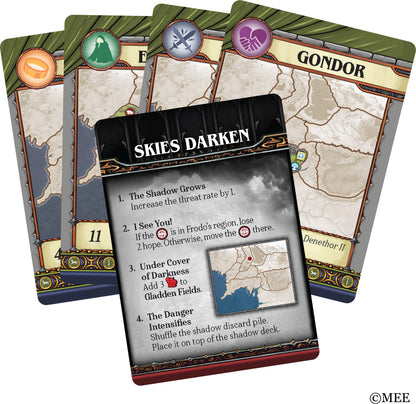LOTR Fate of the Fellowship Card game cards with 'Skies Darken' card in front, featuring map and text