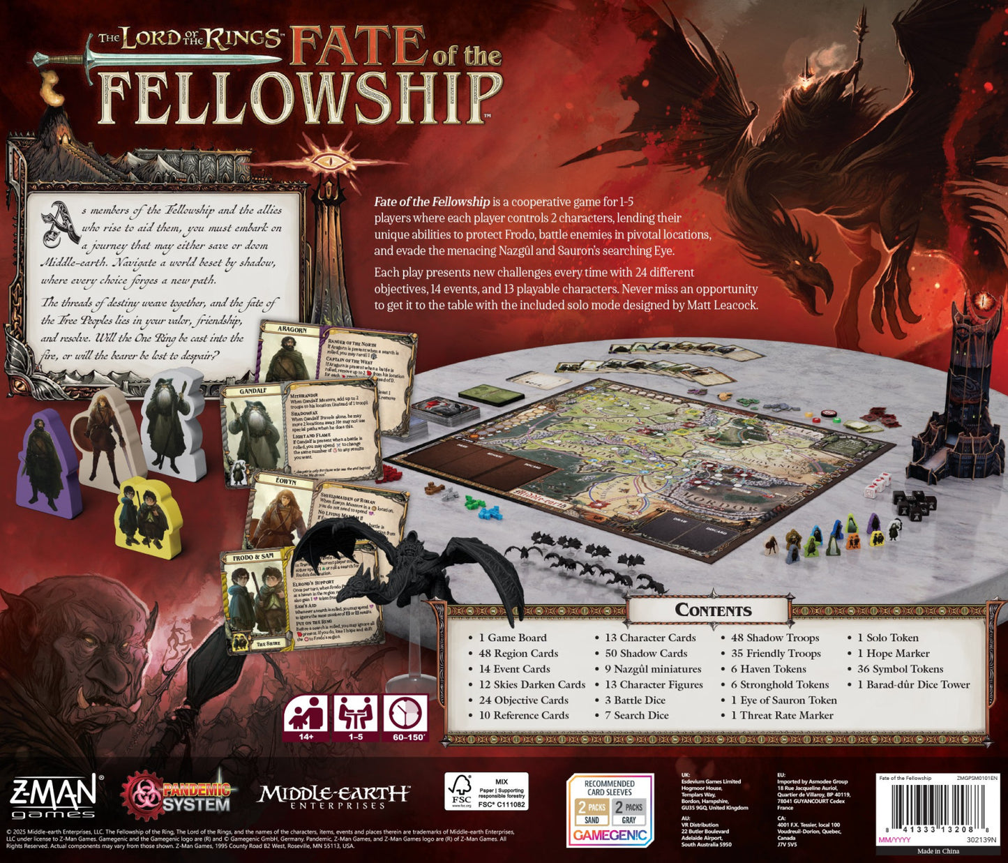 LOTR Fate of the Fellowship Board game packaging for 'The Lord of the Rings: Fate of the Fellowship' with game components and branding.