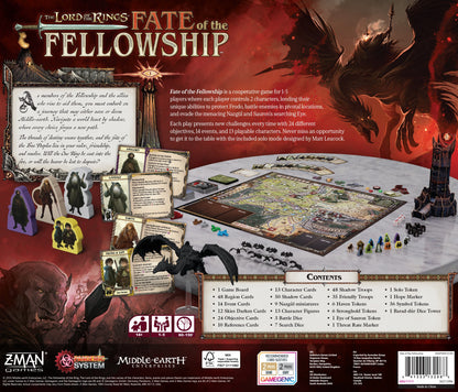 LOTR Fate of the Fellowship Board game packaging for 'The Lord of the Rings: Fate of the Fellowship' with game components and branding.
