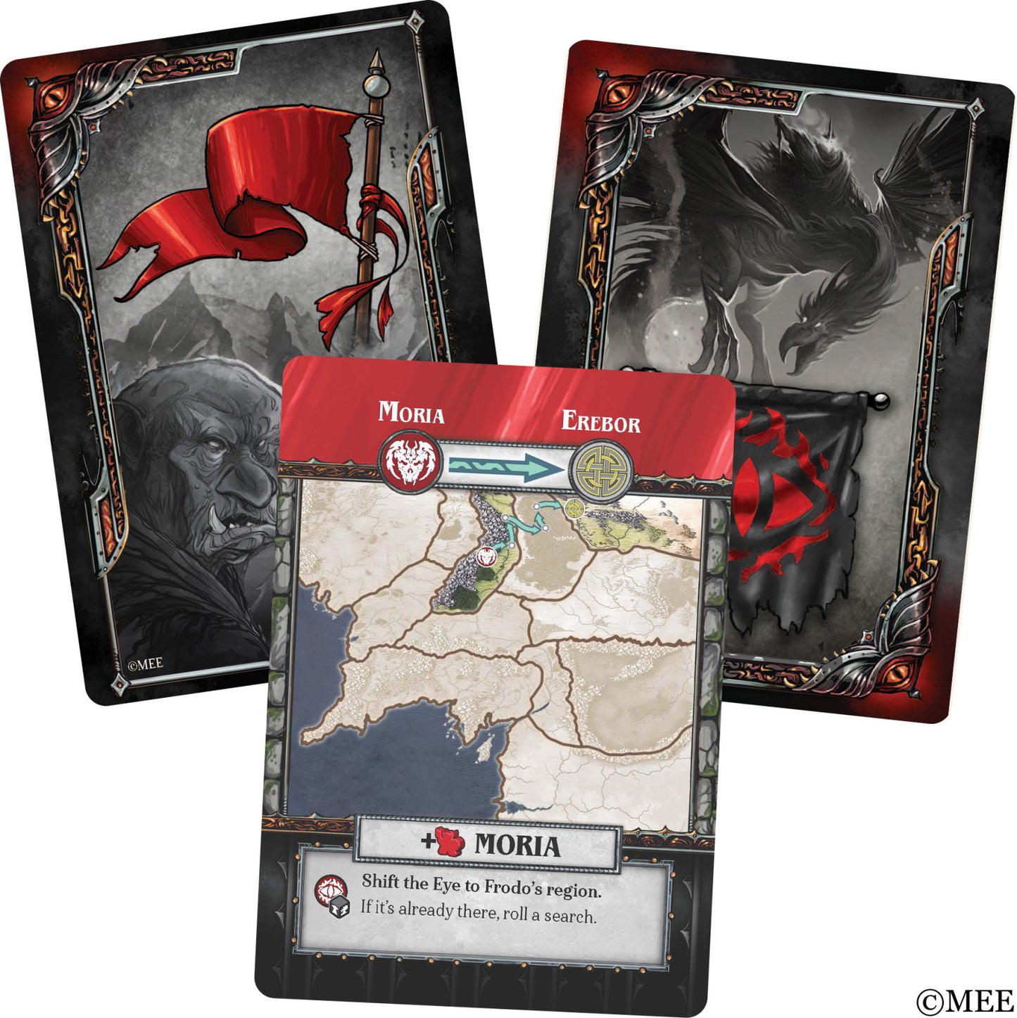 Three fantasy-themed cards with a map and character illustrations on a white background