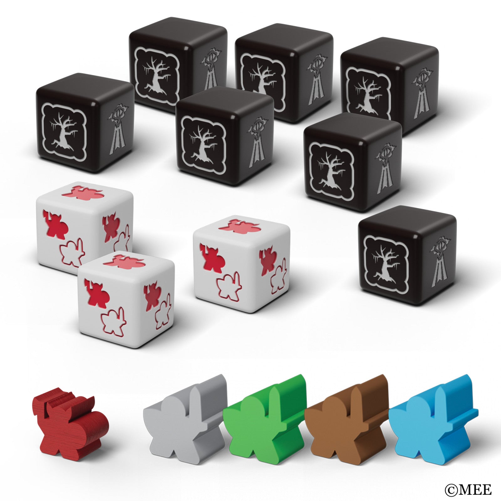 LOTR Fate of the Fellowship Set of black, white, and colored game pieces on a white background