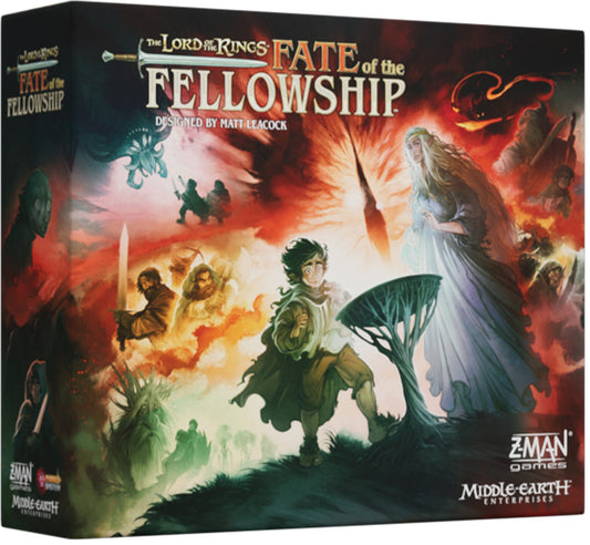Board game box for 'The Lord of the Rings: Fate of the Fellowship' by ZMan Games with fantasy artwork.