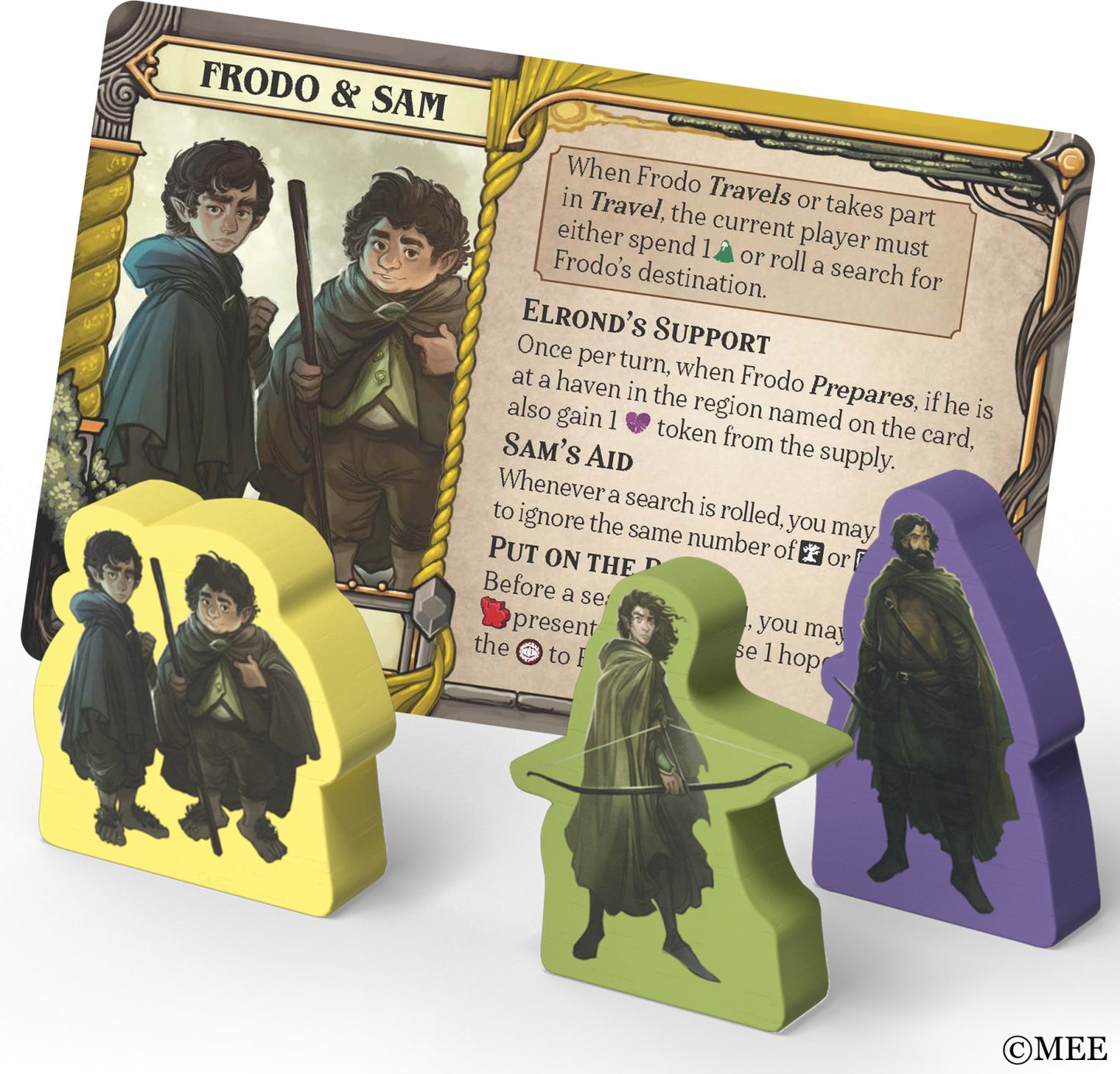 LOTR Fate of the Fellowship Game cards with character illustrations and game text on a white background