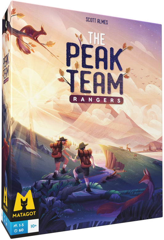 Board game box for 'The Peak Team Rangers' by Scott Almes with a mountain and characters illustration.
