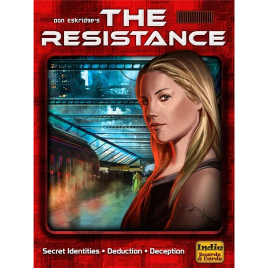 Board game box for 'The Resistance' with a woman's face and cityscape background.