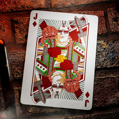 Playing card with a unique design on a textured surface