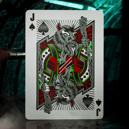 Playing card with a design of a wolf and a spear on a dark background
