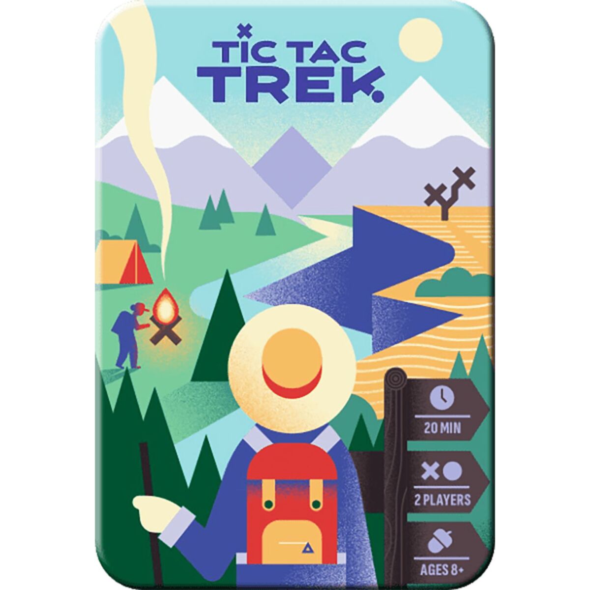 Tic Tac Trek game box with colorful design featuring mountains, a tent, and a character with a backpack.