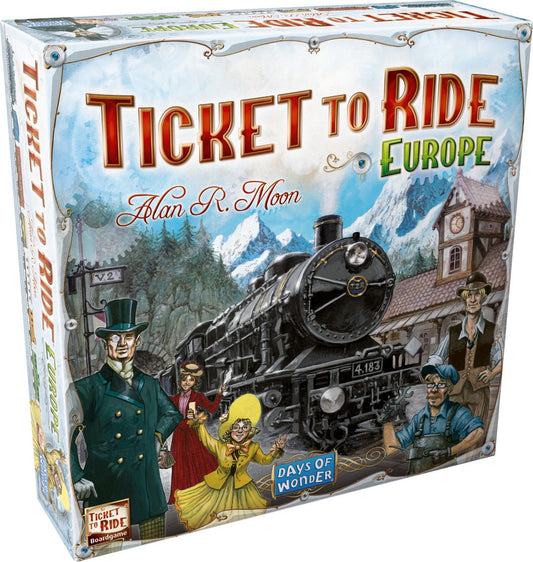 Board game box for 'Ticket to Ride Europe' with train and characters on a snowy landscape.