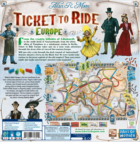 Board game box for 'Ticket to Ride Europe' with characters and map design.