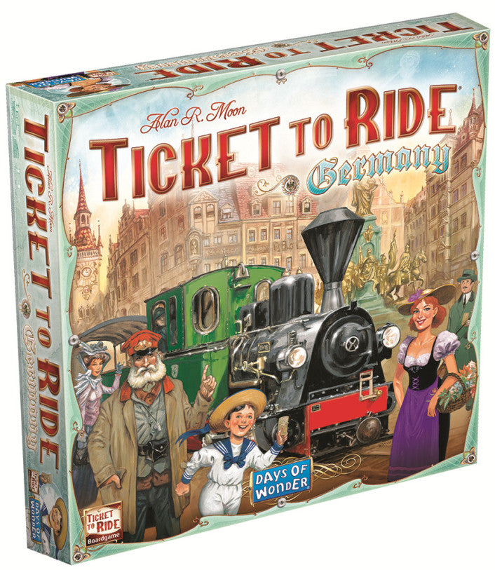 Board game box for 'Ticket to Ride Germany' by Days of Wonder with vintage train and people design.
