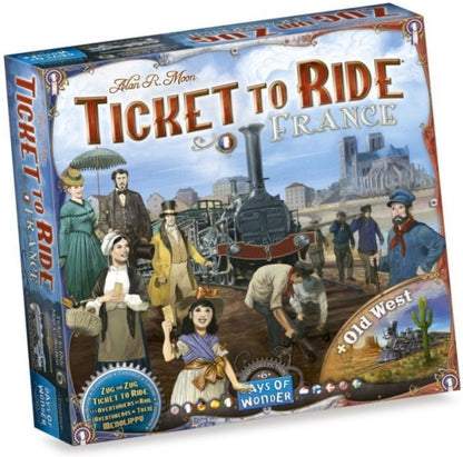 Board game box for 'Ticket to Ride France' featuring vintage steam train and people scene.
