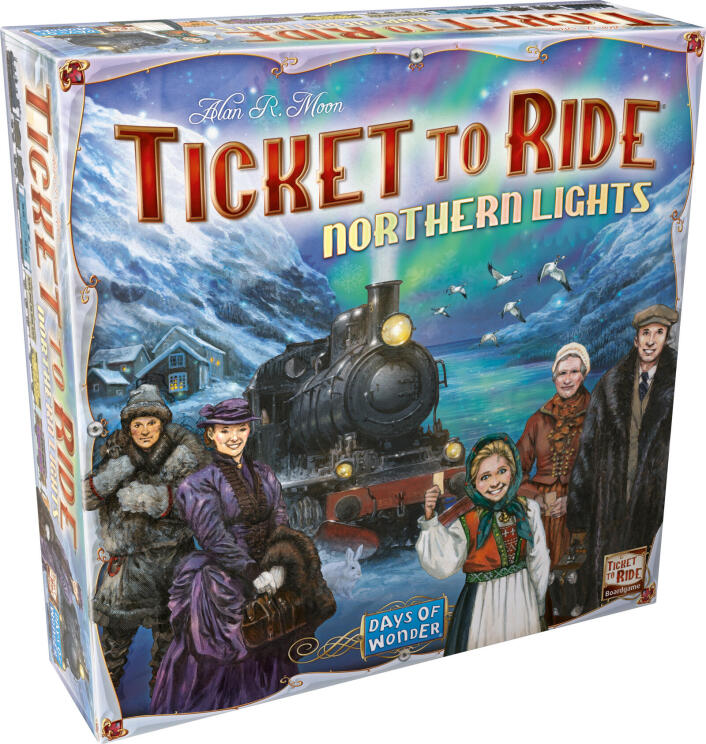 Board game box for 'Ticket to Ride: Northern Lights' with train and people illustration.