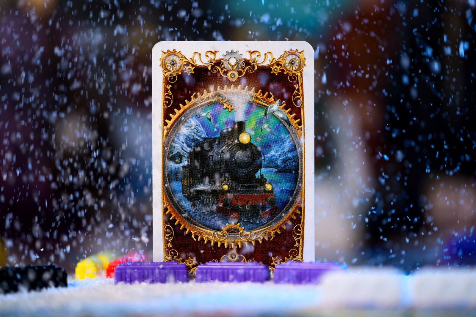 Ticket to ride northern lights decorative card with a steam train illustration on a snowy background