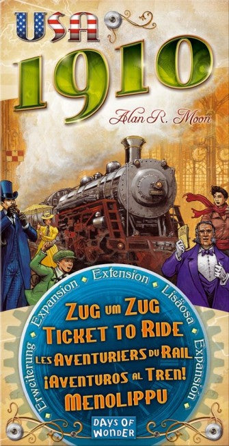 Cover of a game extension titled 'USA 1910' featuring a steam train and people in vintage clothing.