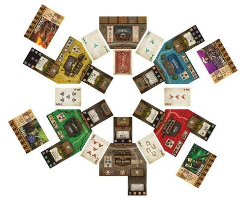 Tiny Epic Western Board Game components including cards and a board on a white background