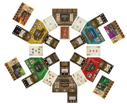 Tiny Epic Western Board Game components including cards and a board on a white background