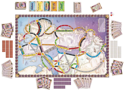 Board game set with colorful pieces and a detailed board layout