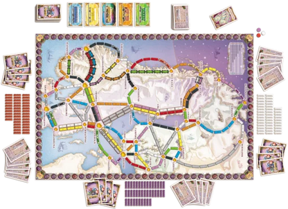 Board game set with colorful pieces and a detailed board layout