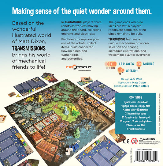Back cover of a board game packaging with text and game components for Transmissions the board game.