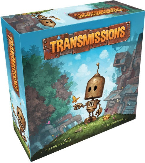 Board game box titled 'Transmissions' with a robot character on a scenic background