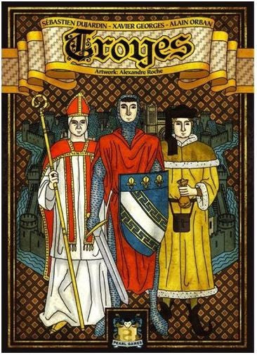 Board game box for 'Troyes' featuring three characters in medieval attire against a decorative background.