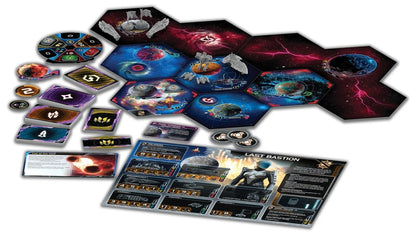 Twilight Imperium Thunders Edge Board game components including cards and hexagonal tiles on a white background