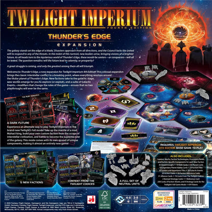 Back cover of Twilight Imperium Fourth Edition Thunder's Edge expansion packaging.
