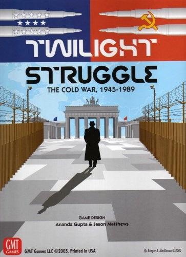 Cover of 'Twilight Struggle' game showing Cold War era elements with flags and a man walking towards a border.