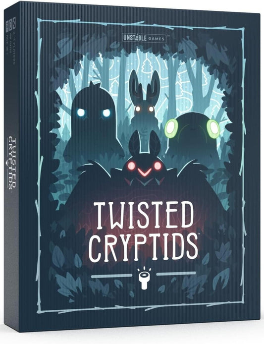 Box of 'Twisted Cryptids' game with dark forest design and glowing eyes.