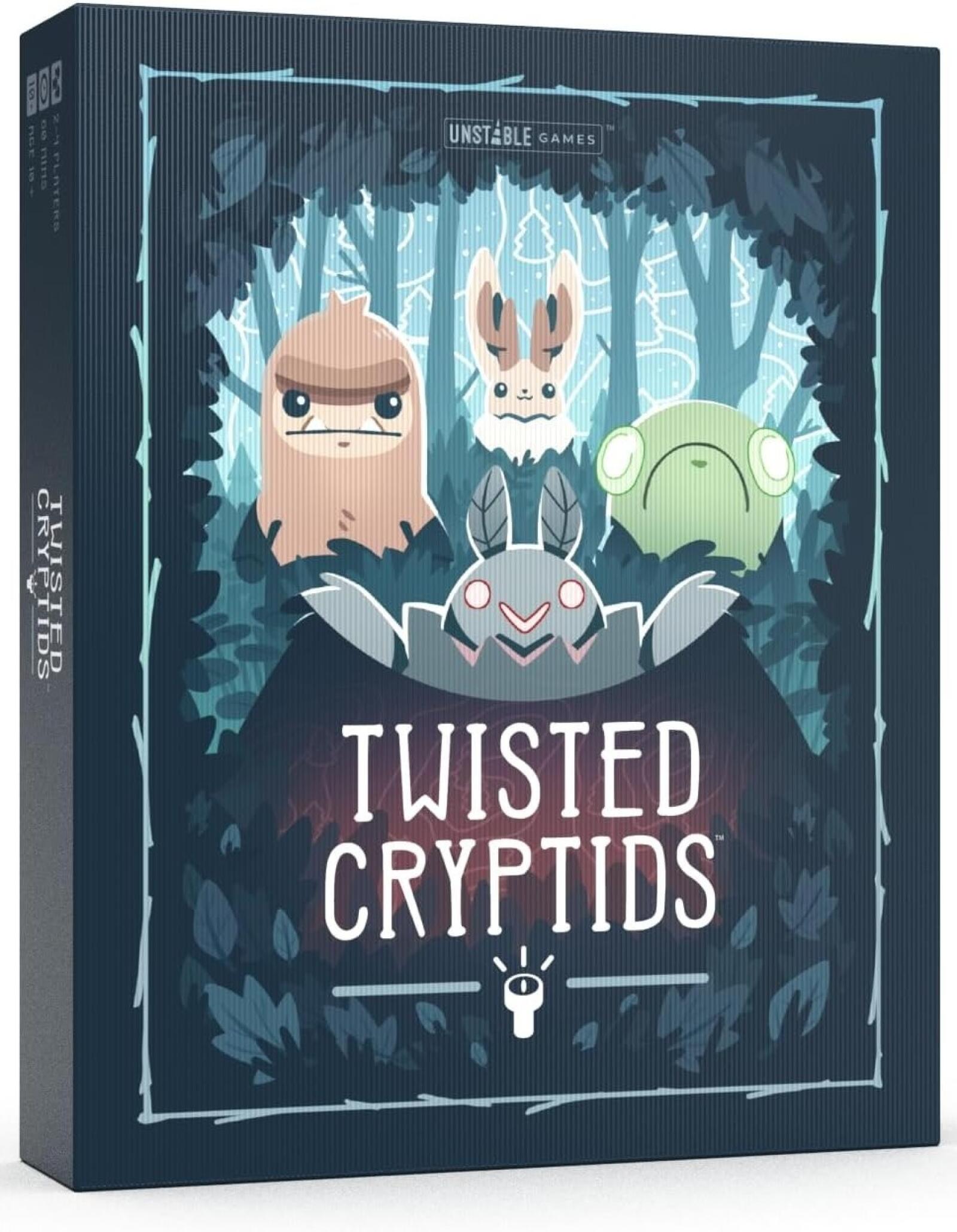 Box for 'Twisted Cryptids' game with cartoon-like creatures on a dark background