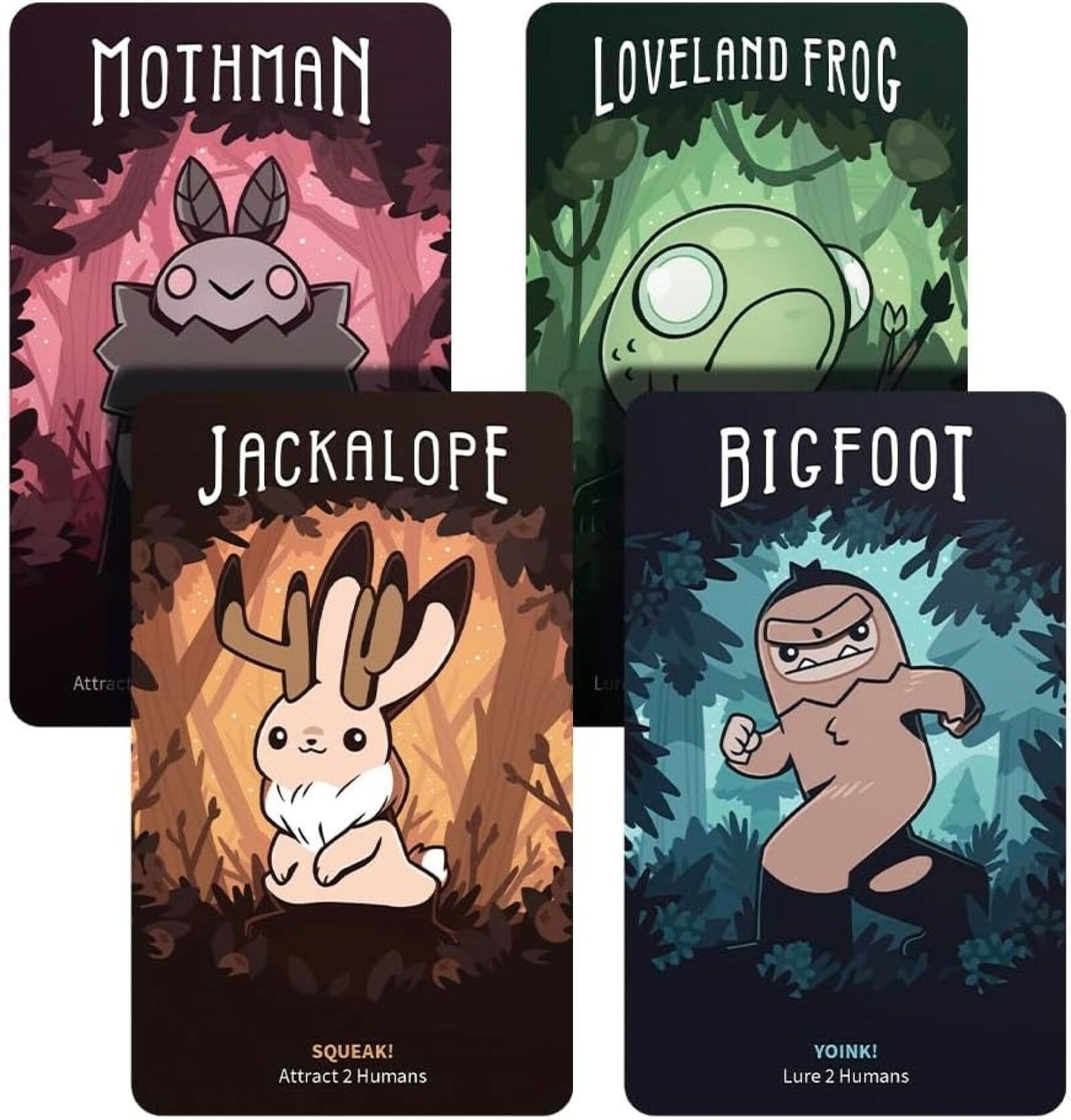 Set of cards featuring Mothman, Loveland Frog, Jackalope, and Bigfoot with illustrations and text.