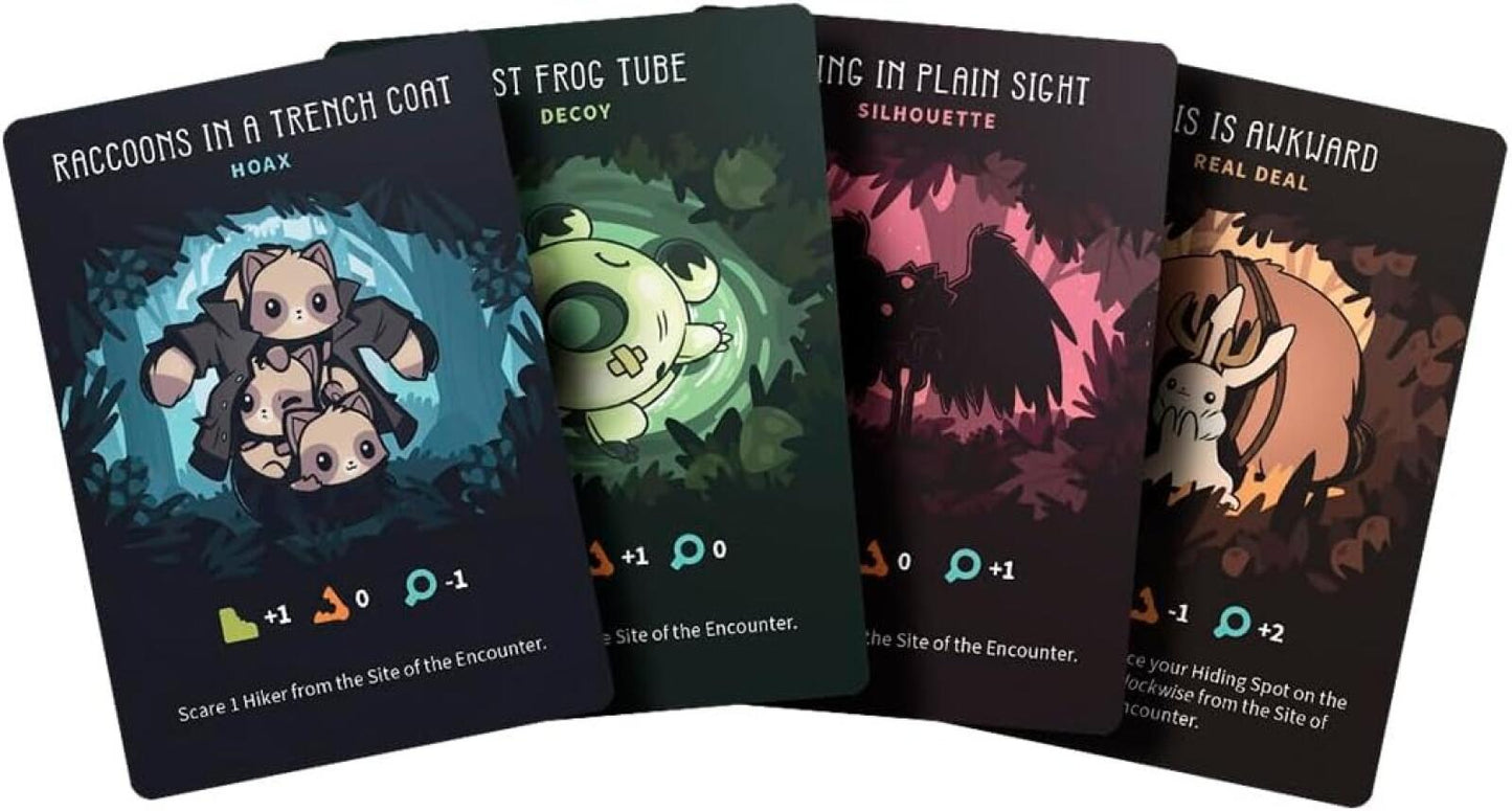 Four card illustrations with characters and text on a dark background