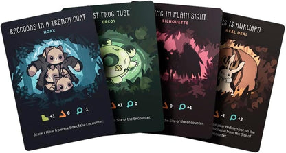 Four card illustrations with characters and text on a dark background