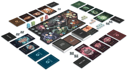 Board game with various cards and pieces on a white background