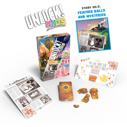 Unlock! Kids educational game components including cards and box on a white background